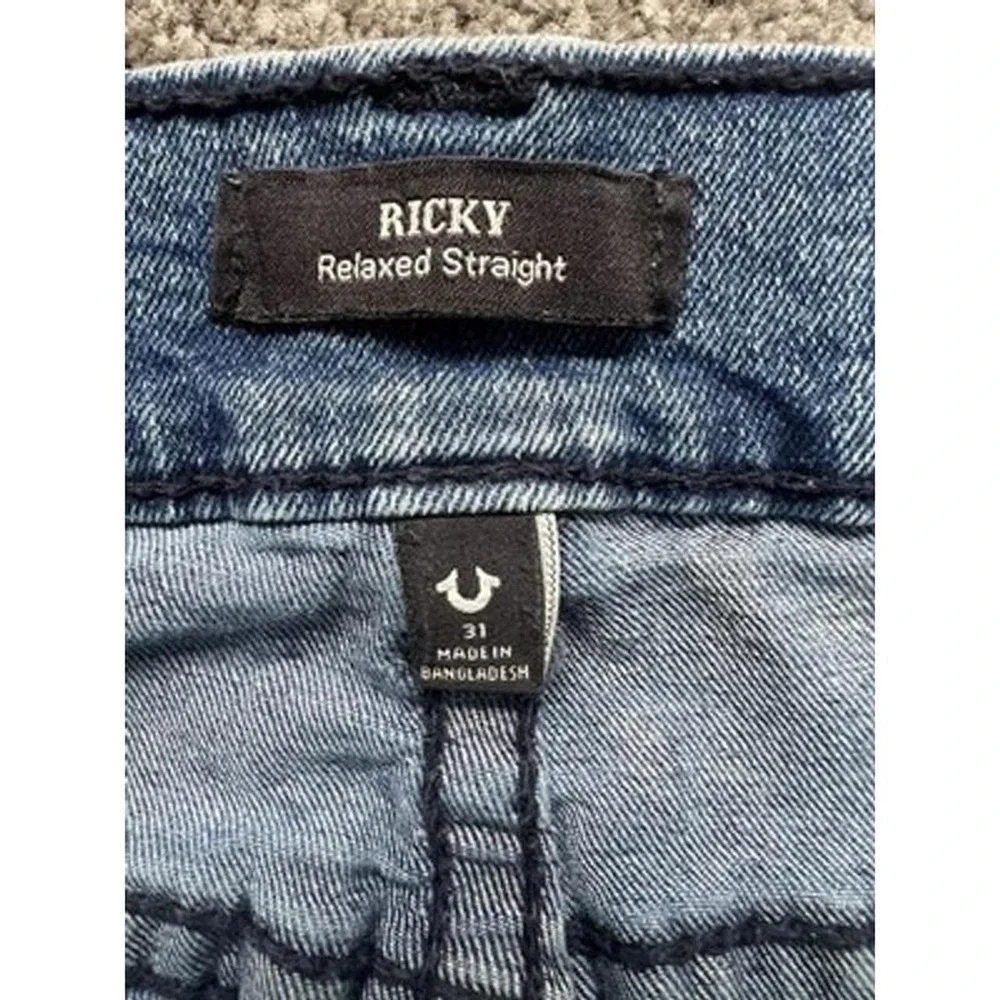 True Religion Ricky Relaxed Straight Jeans Mens 31 Blue Denim Distressed